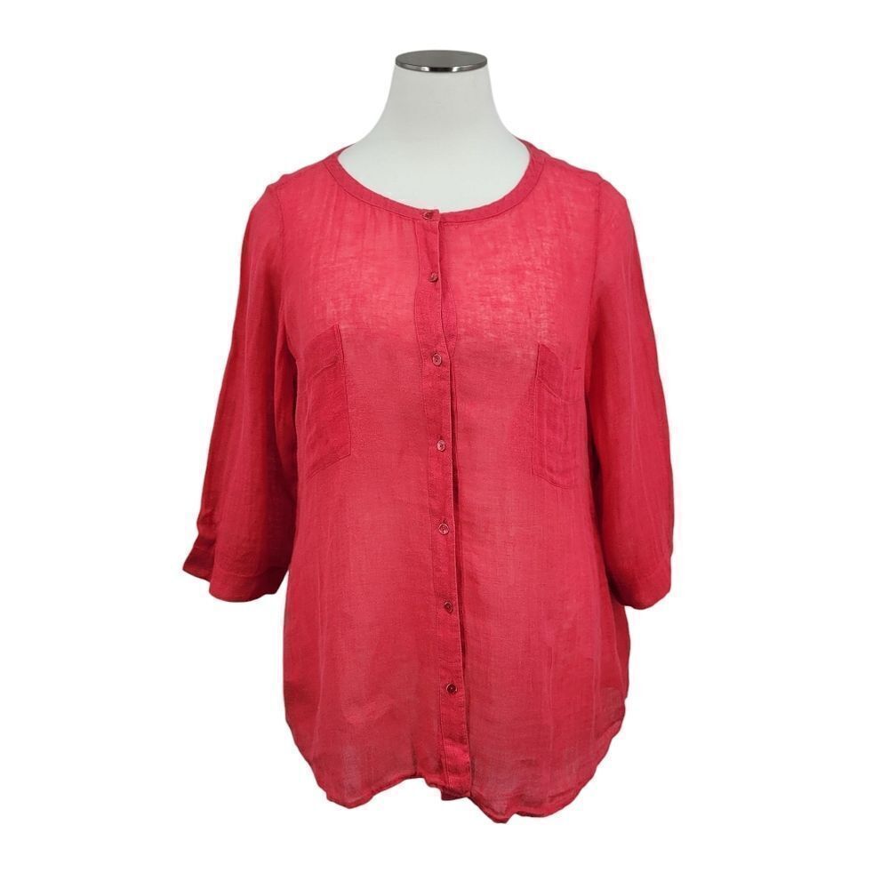 Eileen Fisher Linen Women's Plus Size Coral Button Up Top Tunic